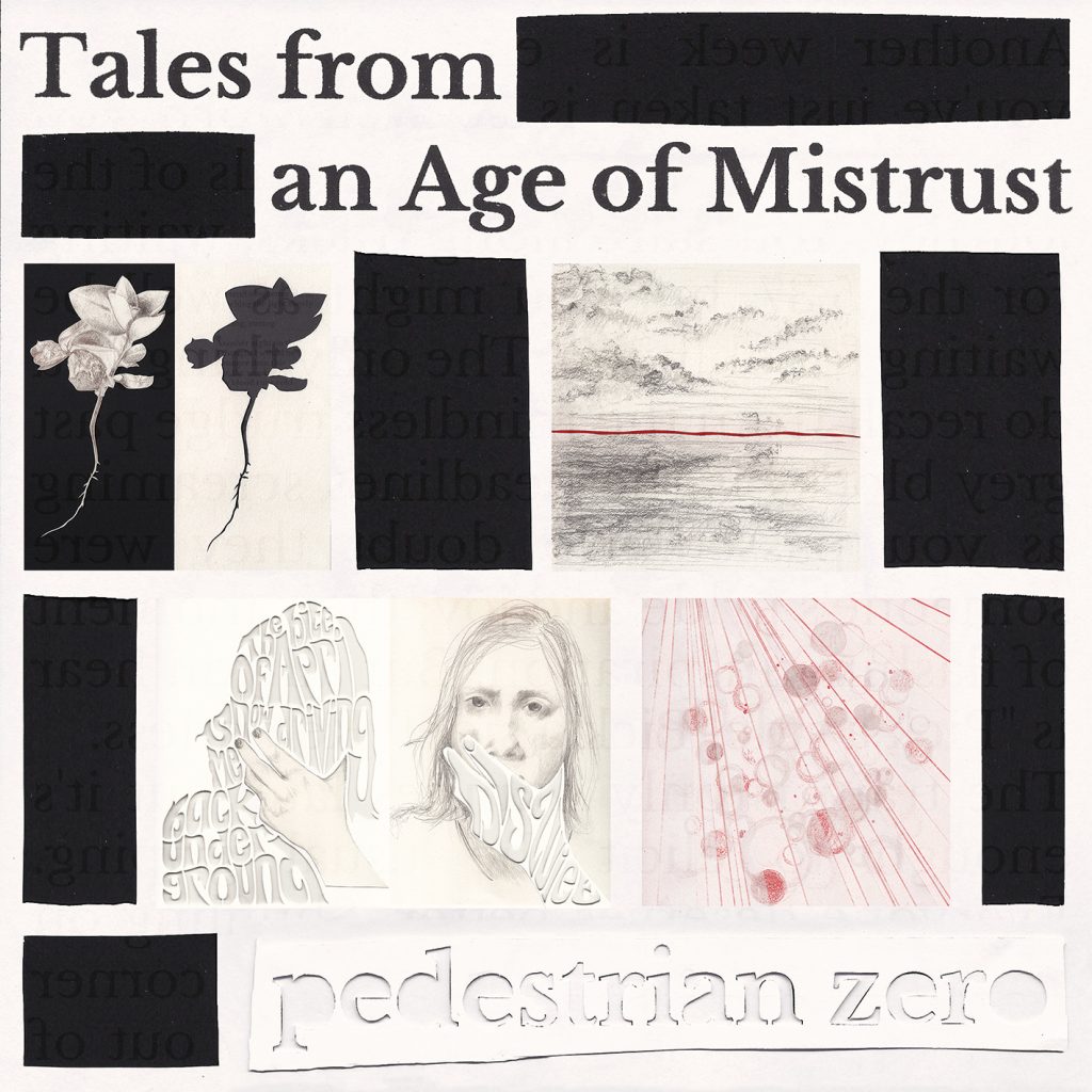 Cover art for Tales from an Age of Mistrust - pencil sketches of flowers, a seascape with clouds, a woman holding her face and dust motes outlined in red